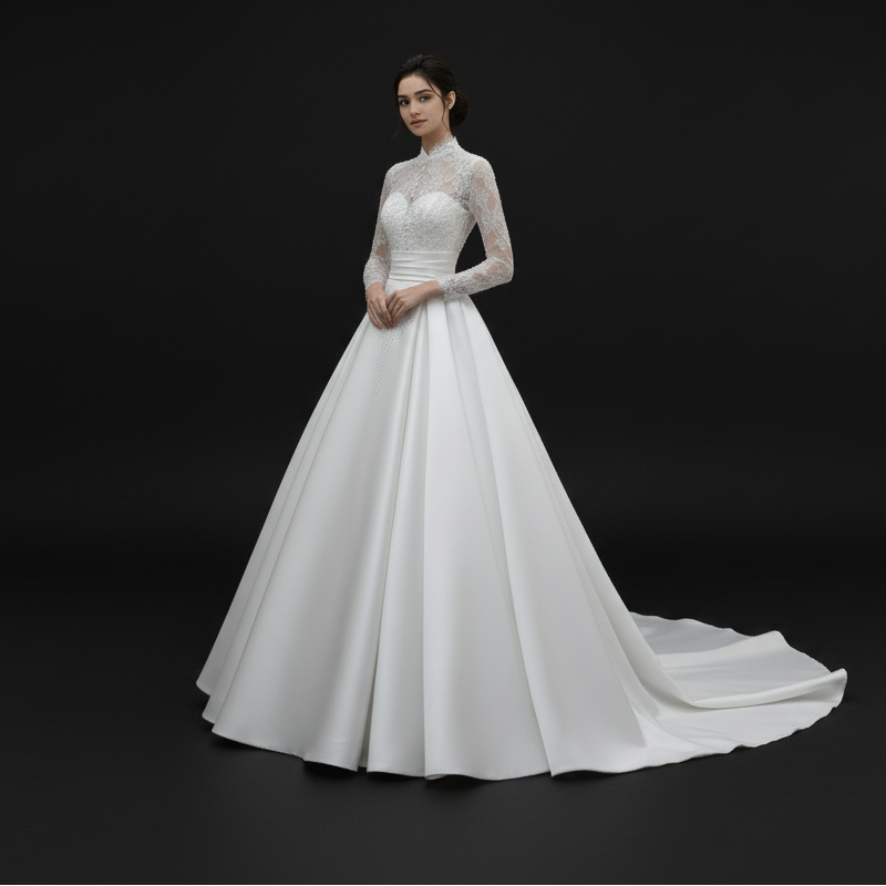 GownLink White Christian & Catholics Wedding Train Satin Dress With Sleeves GLHSD500