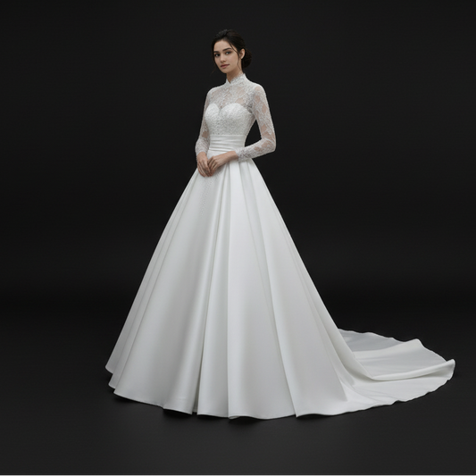 GownLink White Christian & Catholics Wedding Train Satin Dress With Sleeves GLHSD500