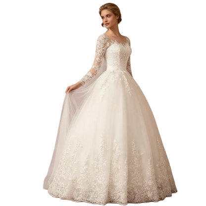 GownLink White Christian & Catholics Wedding Train Satin Dress With Sleeves GLTD51B