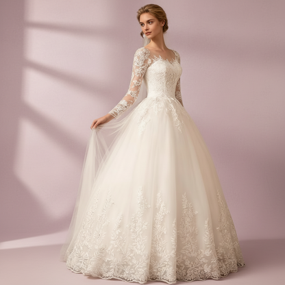 GownLink White Christian & Catholics Wedding Train Satin Dress With Sleeves GLTD51B