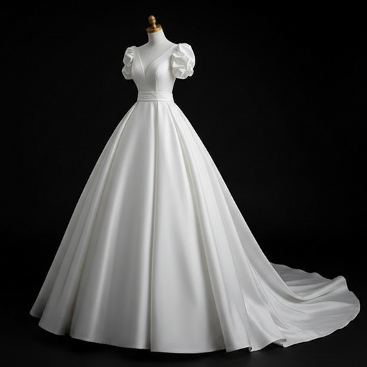 GownLink Premium White Satin Wedding Dress with Puff Sleeves and Train for Christian & Catholic Brides GLHMST10