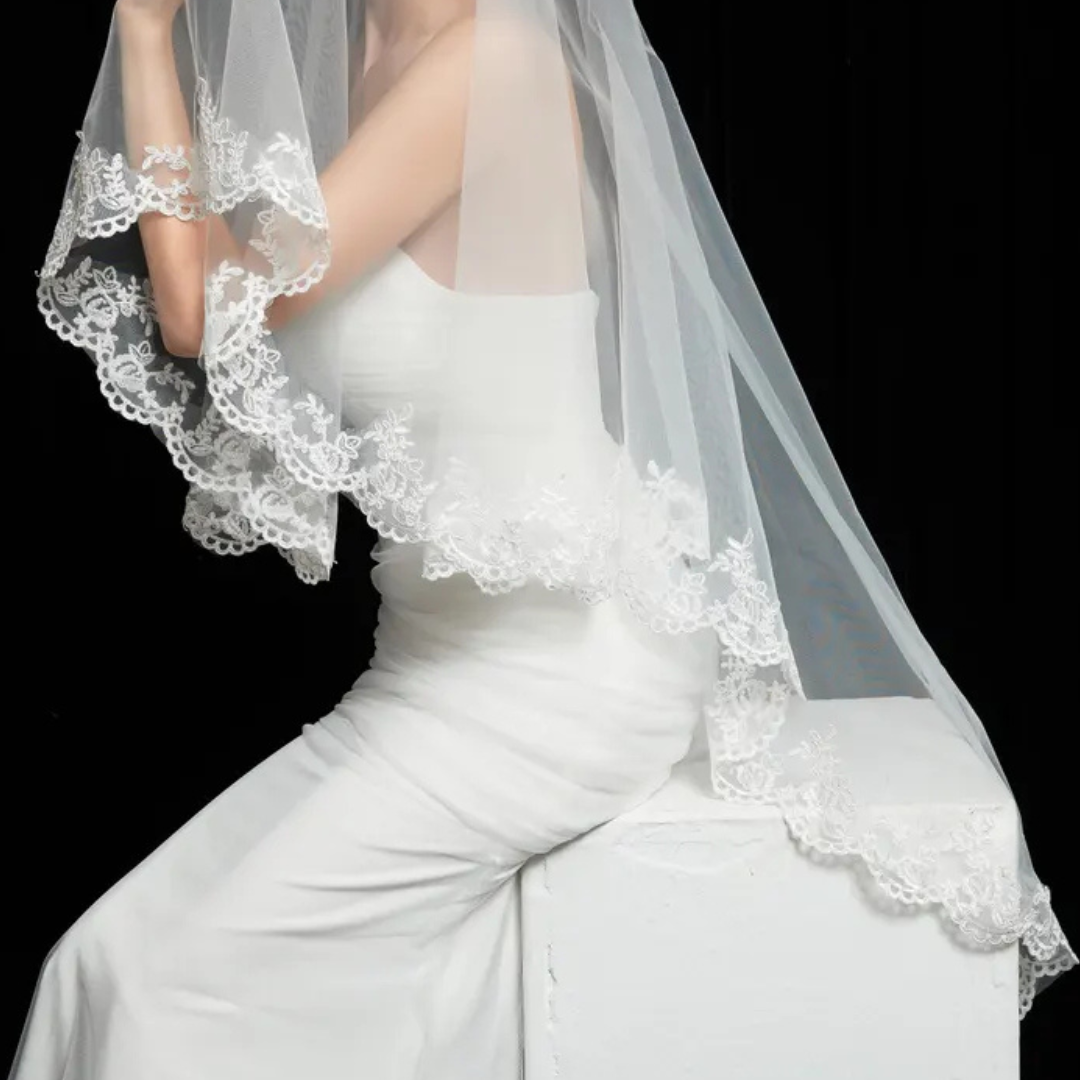 GownLink Long Elegant Bridal Veil, Embellished with Lacework and Comb GLSVL1800