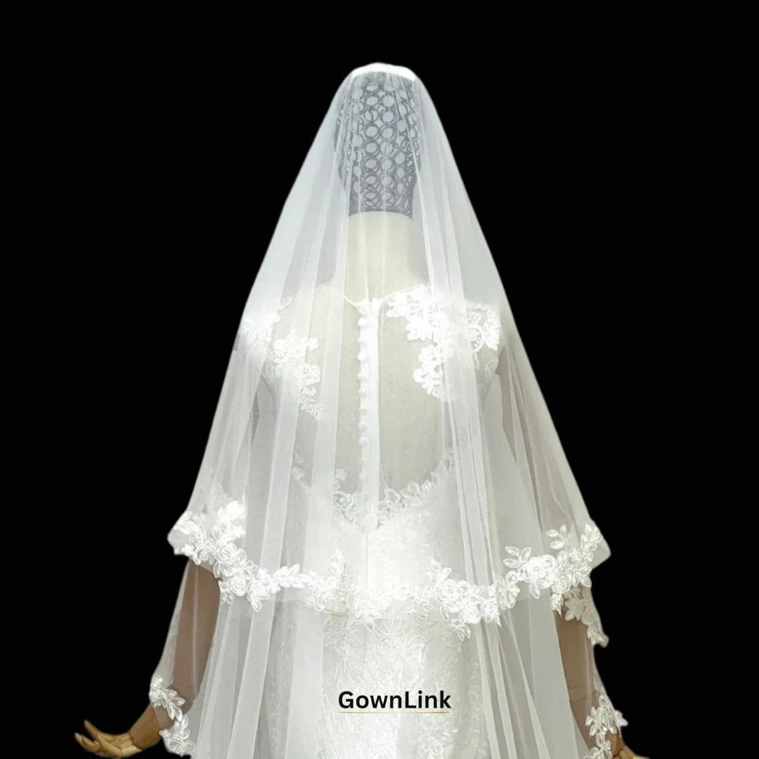 GownLink Wedding Long Cathedral 2 Tier Veil with Lace work GLV-12