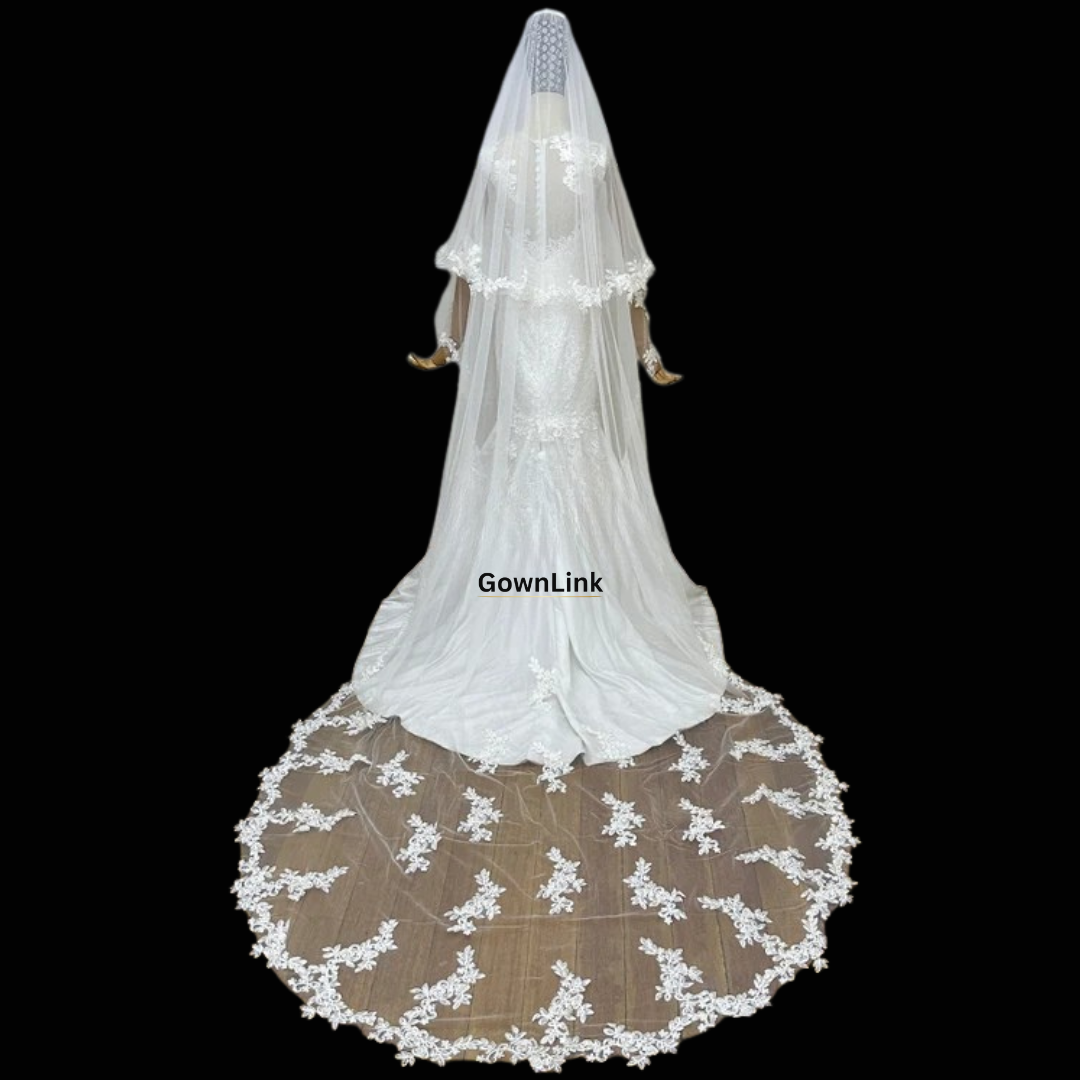 GownLink Wedding Long Cathedral 2 Tier Veil with Lace work GLV-12