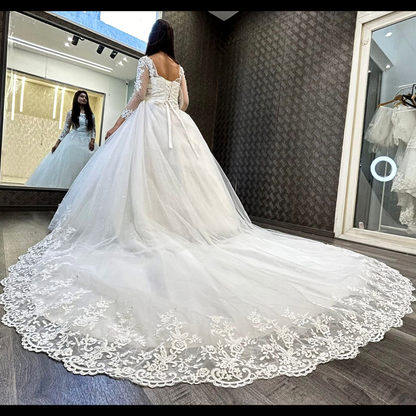 GownLink Christian & Catholic Bridal White Wedding Gown with Long Train, Full Sleeves & Modest Covered Church Bridal Dress – GLHSD189TC