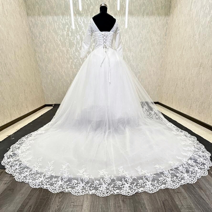 GownLink Christian & Catholic Bridal White Wedding Gown with Long Train, Full Sleeves & Modest Covered Church Bridal Dress – GLHSD189TC