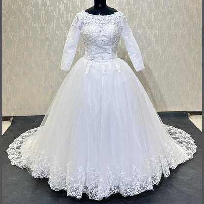 GownLink Christian & Catholic Bridal White Wedding Gown with Long Train, Full Sleeves & Modest Covered Church Bridal Dress – GLHSD189TC