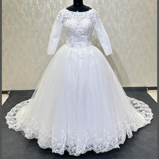 GownLink Christian and Catholic Bridal White Wedding Train Dress With Sleeves Covered GLHSD189TC