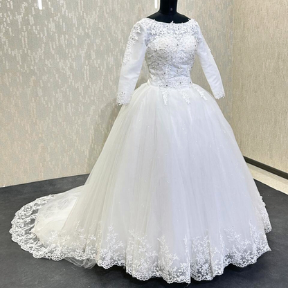 GownLink Christian & Catholic Bridal White Wedding Gown with Long Train, Full Sleeves & Modest Covered Church Bridal Dress – GLHSD189TC