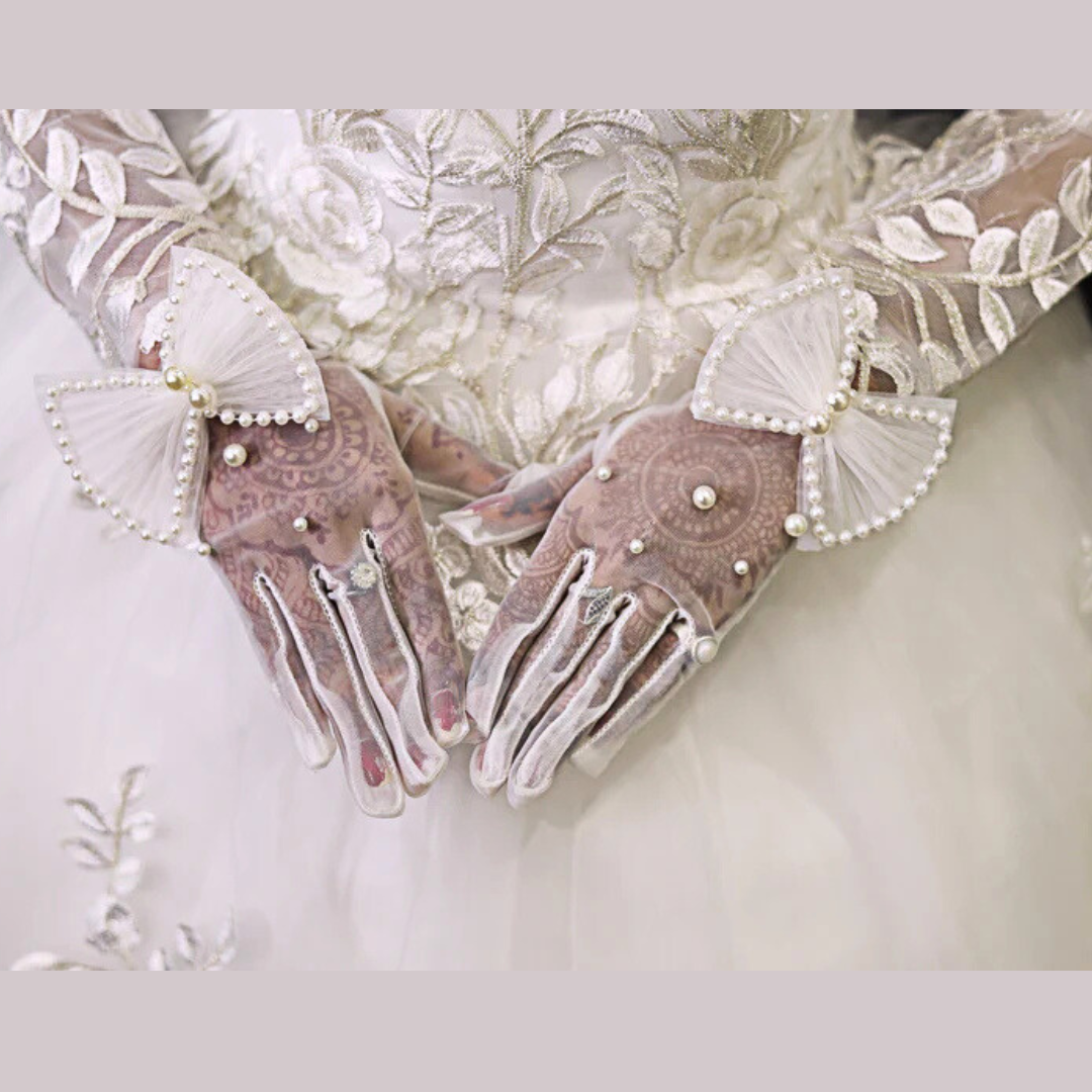 GownLink Bridal Gloves with Bow, and Lustrous Pearl Beads G112