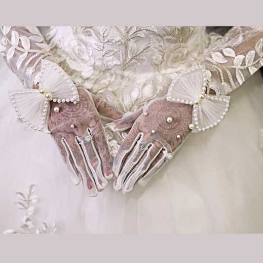 GownLink Bridal Gloves with Bow, and Lustrous Pearl Beads G112