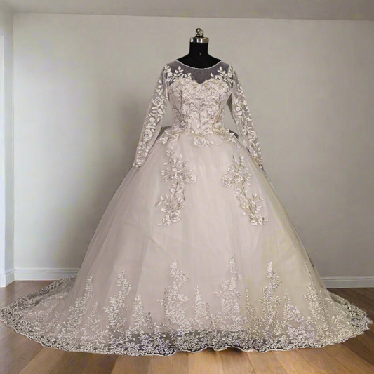 Gownlink  White Christian Wedding Train Gown with Lace Appliques GLGF038