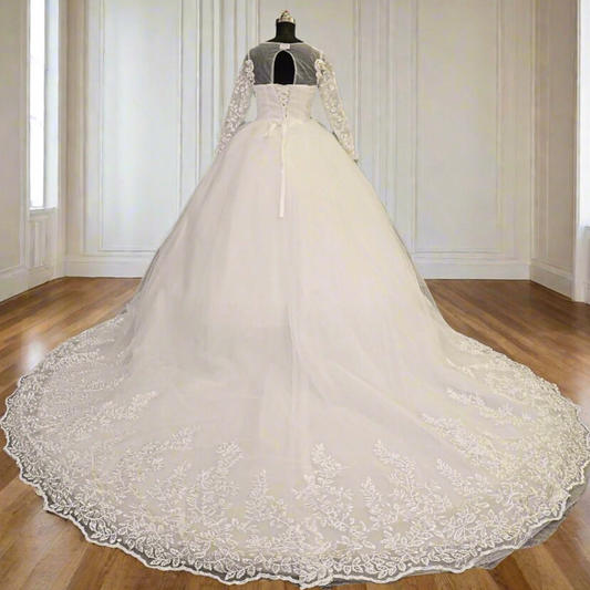 Gownlink  White Christian Wedding Train Gown with Lace Appliques GLGF038