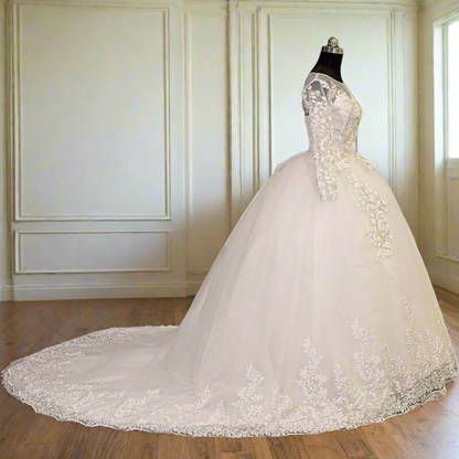 Gownlink  White Christian Wedding Train Gown with Lace Appliques GLGF038