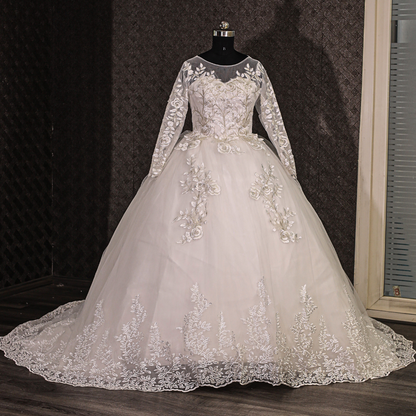 Gownlink  White Christian Wedding Train Gown with Lace Appliques GLGF038