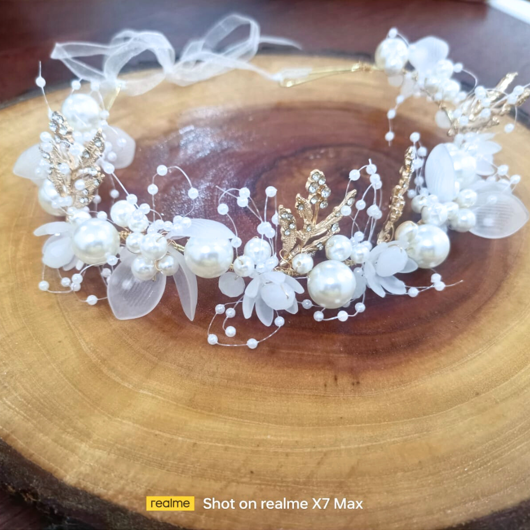 Whimsical Bridal Wreath Featuring Silver and Golden Leaves and Dainty Pearls