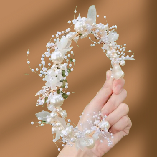 Handcrafted Bridal Wreath of Ivory Roses and Glistening Beads