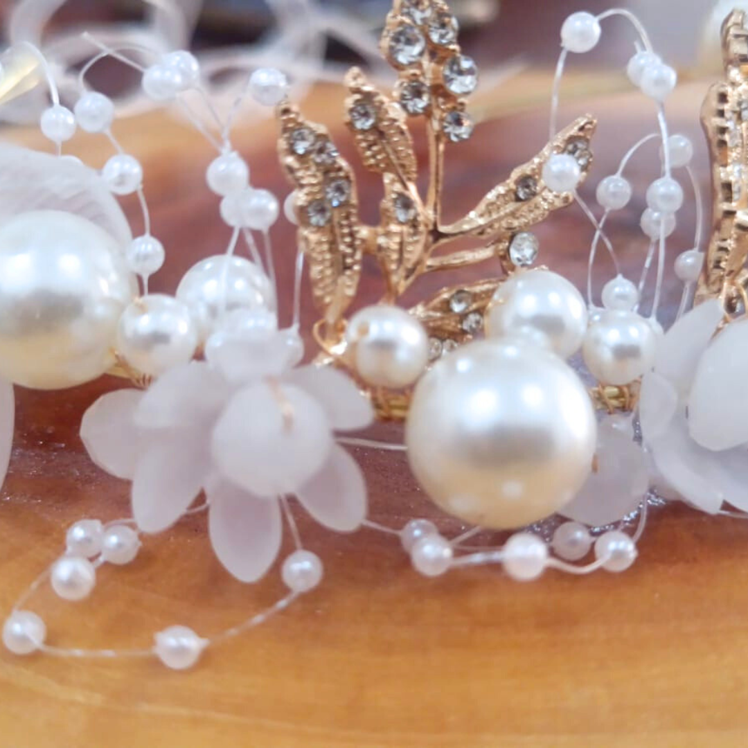 Handcrafted Bridal Wreath of golden leaf and Glistening Beads