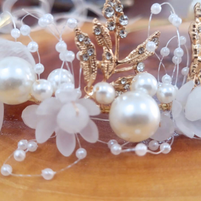 Handcrafted Bridal Wreath of golden leaf and Glistening Beads