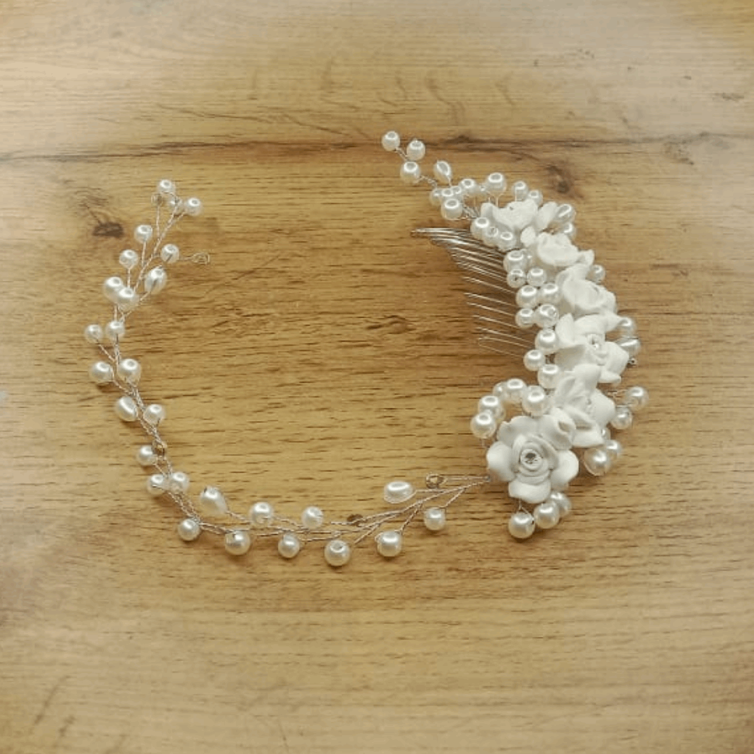 Bohemian-inspired Bridal Hair Vine with Ivory Flowers and Beads