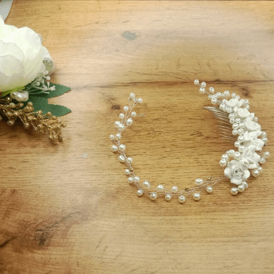 Glamorous Rose ivory Bridal Wreath Featuring Marquise Pearl.