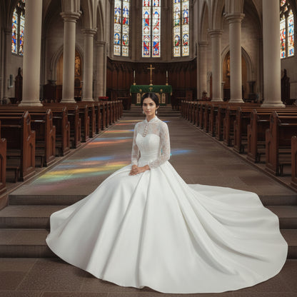 GownLink White Christian & Catholics Wedding Train Satin Dress With Sleeves GLHSD500