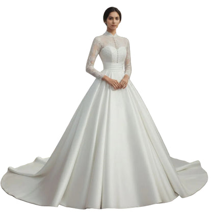 GownLink White Christian & Catholics Wedding Train Satin Dress With Sleeves GLHSD500