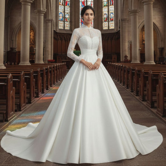 GownLink White Christian & Catholics Wedding Train Satin Dress With Sleeves GLHSD500