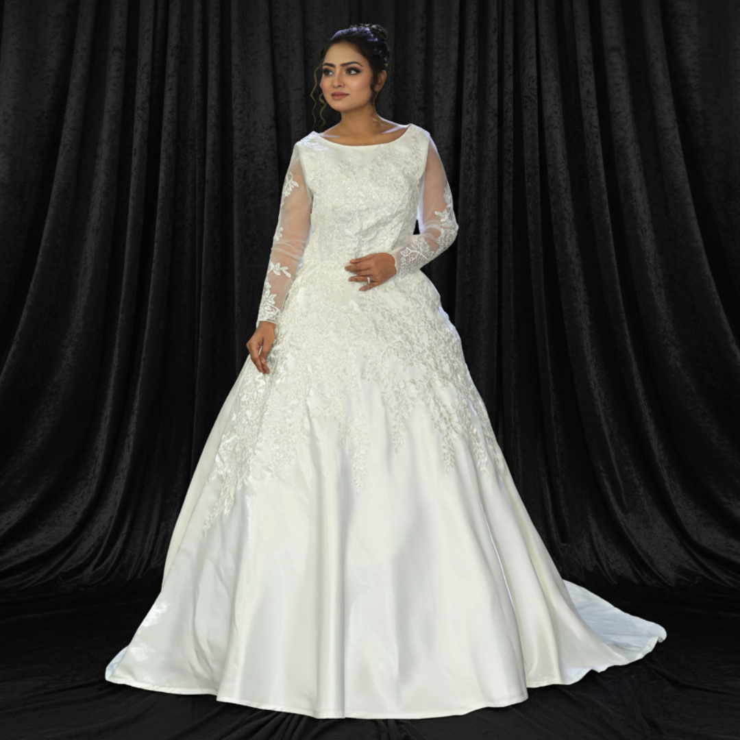 GownLink White Satin Christian Catholic Church Wedding Bridal Train Gown with Lace - GLHMST7