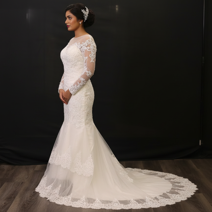 GownLink Luxury White Body Fitted Mermaid Bridal Train Gown for Christian & Catholic Church Wedding GLGT047