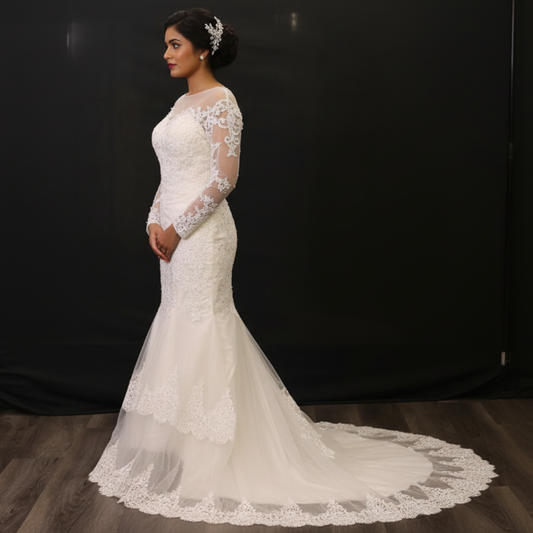 GownLink Luxury White Body Fitted Mermaid Bridal Train Gown for Christian & Catholic Church Wedding GLGT047
