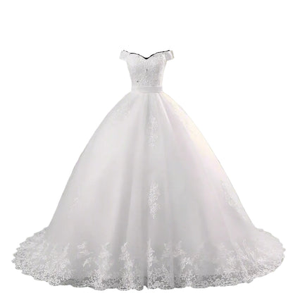 GownLink Off-Shoulder White Bridal Wedding Gown with Long Train Christian & Catholic Church Wedding Dress for Brides GLHS14OFFT