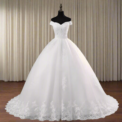 GownLink Off-Shoulder White Bridal Wedding Gown with Long Train Christian & Catholic Church Wedding Dress for Brides GLHS14OFFT