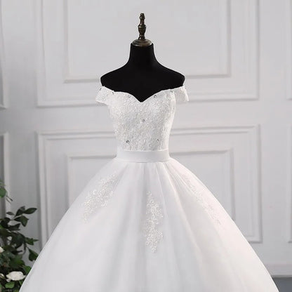 GownLink Off-Shoulder White Bridal Wedding Gown with Long Train Christian & Catholic Church Wedding Dress for Brides GLHS14OFFT