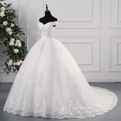 GownLink Off-Shoulder White Bridal Wedding Gown with Long Train Christian & Catholic Church Wedding Dress for Brides GLHS14OFFT