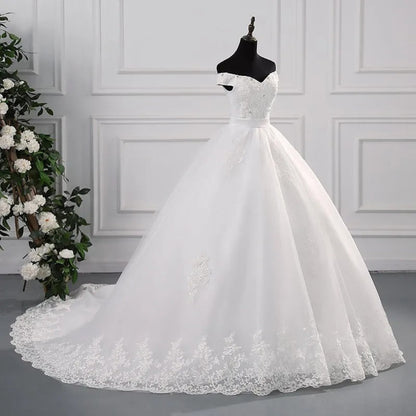 GownLink Off-Shoulder White Bridal Wedding Gown with Long Train Christian & Catholic Church Wedding Dress for Brides GLHS14OFFT