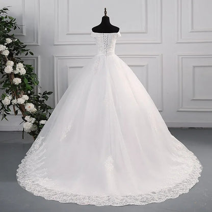 GownLink Off-Shoulder White Bridal Wedding Gown with Long Train Christian & Catholic Church Wedding Dress for Brides GLHS14OFFT