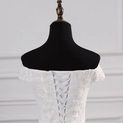 GownLink Off-Shoulder White Bridal Wedding Gown with Long Train Christian & Catholic Church Wedding Dress for Brides GLHS14OFFT