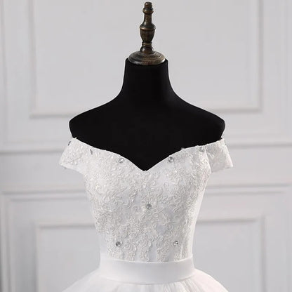 GownLink Off-Shoulder White Bridal Wedding Gown with Long Train Christian & Catholic Church Wedding Dress for Brides GLHS14OFFT