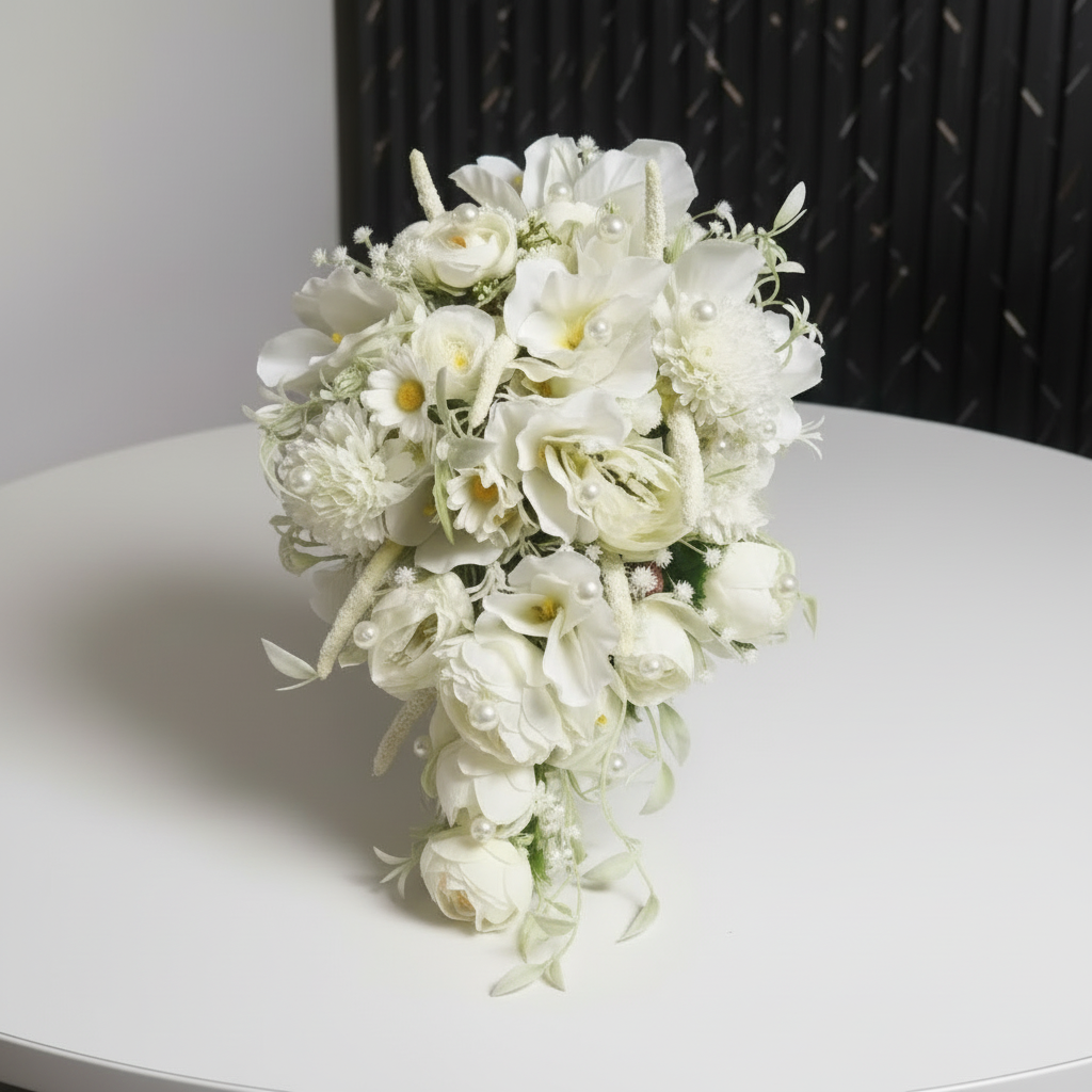 GownLink's Majestic Harmony Elegant Bridal Bouquet with green and white Flowers B-White