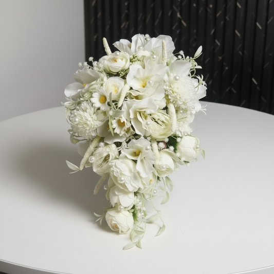 GownLink's Majestic Harmony Elegant Bridal Bouquet with green and white Flowers B-White