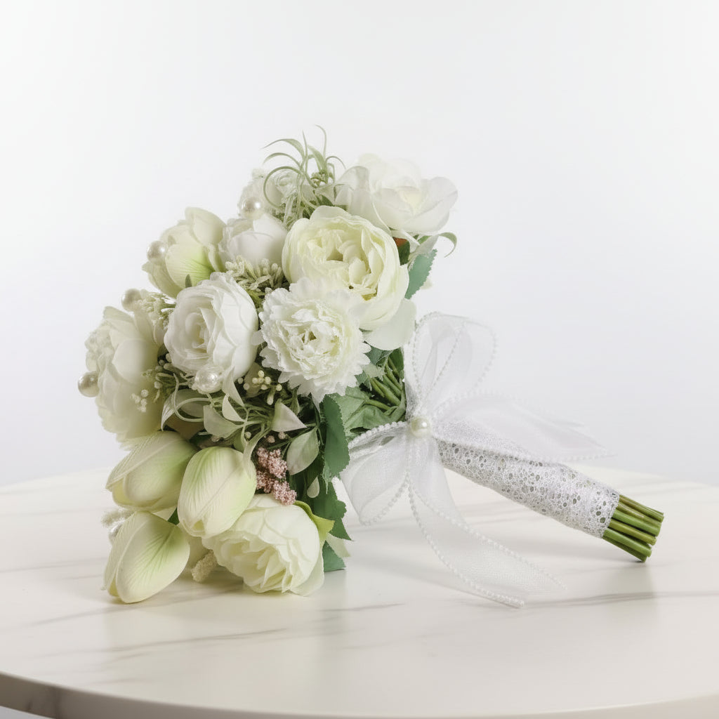 GownLink's Majestic Harmony Elegant Bridal Bouquet with green and white Flowers B-White