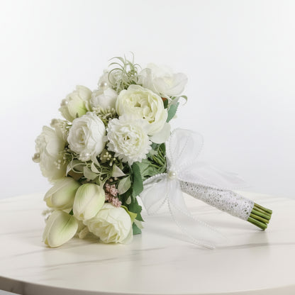 GownLink's Majestic Harmony Elegant Bridal Bouquet with green and white Flowers B-White
