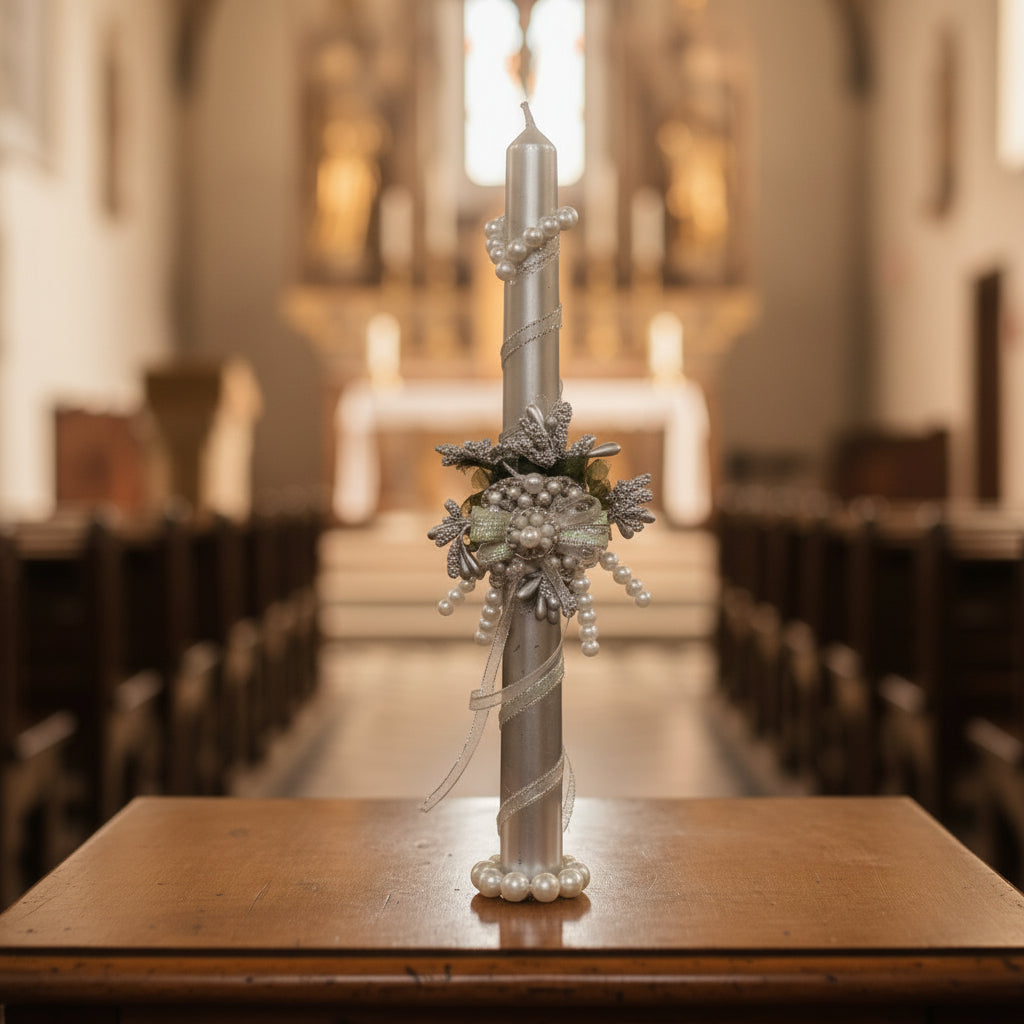 Gowlink,s  Holy Communion Silver Candle with Elegant Design – Church & Keepsake Use