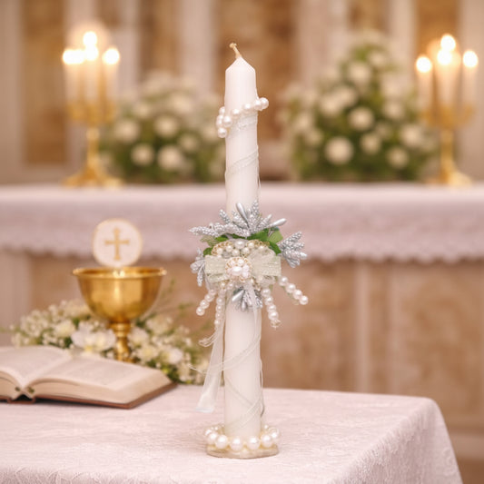 Gowlink,s  Holy Communion Silver Candle with Elegant Design – Church & Keepsake Use