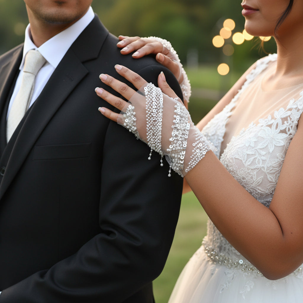 GownLink Luxurious Bridal Pearl & Crystal Mesh Gloves for Wedding, Reception & Engagement (Free Size)G23