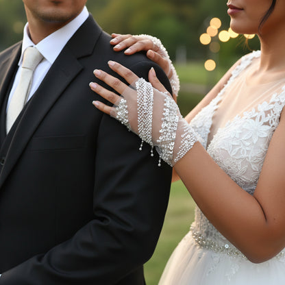 GownLink Luxurious Bridal Pearl & Crystal Mesh Gloves for Wedding, Reception & Engagement (Free Size)G23