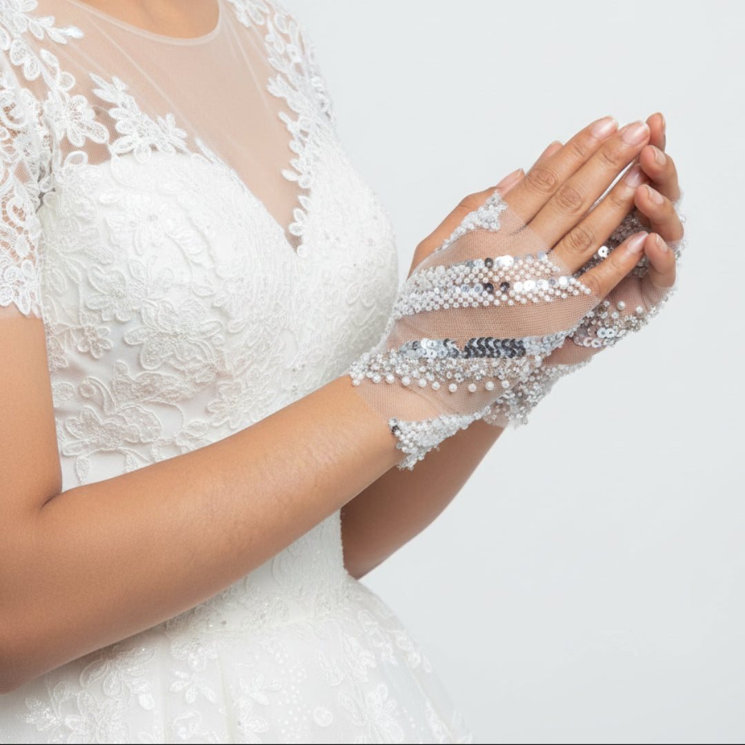 GownLink Luxurious Bridal Pearl & Crystal Mesh Gloves for Wedding, Reception & Engagement (Free Size)G23