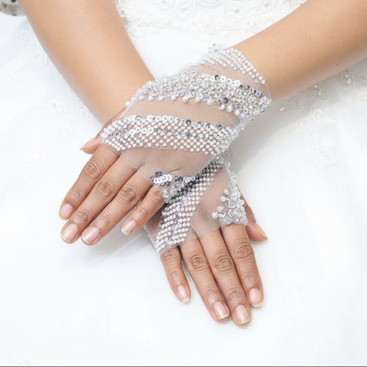 Front view of Pearl Bridal Gloves on hands — GownLink G23