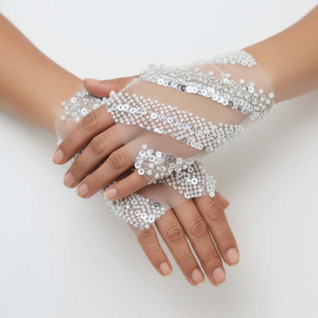 GownLink Luxurious Bridal Pearl & Crystal Mesh Gloves for Wedding, Reception & Engagement (Free Size)G23